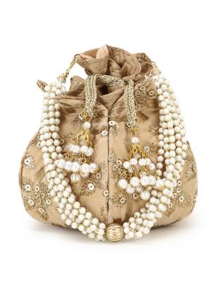 Anekaant Lotus Beige & Gold Velvet Floral Embroidered potlibags 1