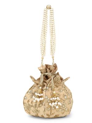 Anekaant Lotus Beige & Gold Velvet Floral Embroidered potlibags 2