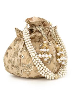 Anekaant Lotus Beige & Gold Velvet Floral Embroidered potlibags 3