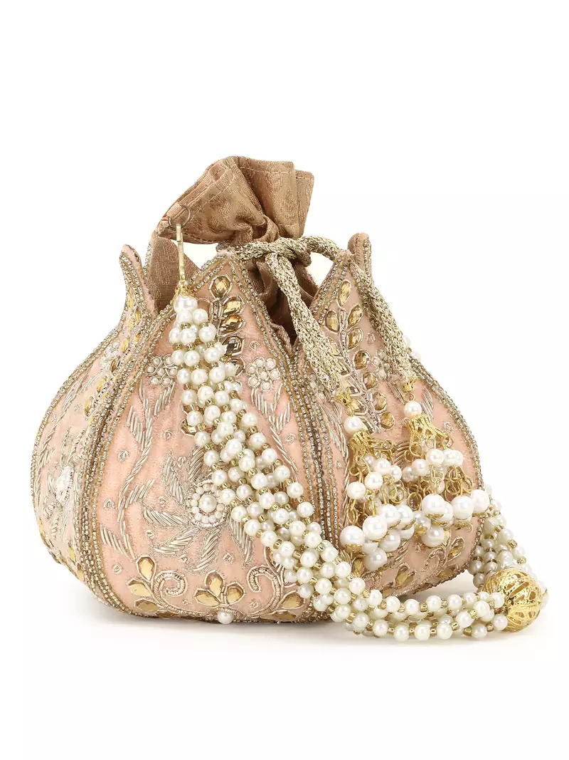Anekaant Lotus Pastel Pink & Gold Velvet  Floral Embellished potlibags