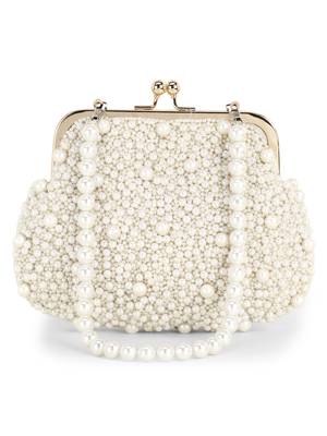 Pochette Off White Faux Silk Pearl Embellished Clutch 1