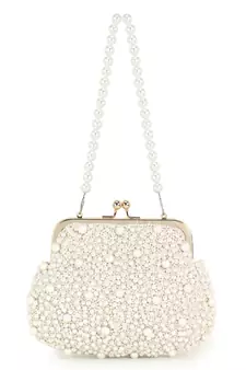Pochette Off White Faux Silk Pearl Embellished Clutch