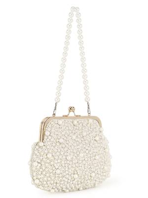 Pochette Off White Faux Silk Pearl Embellished Clutch 3