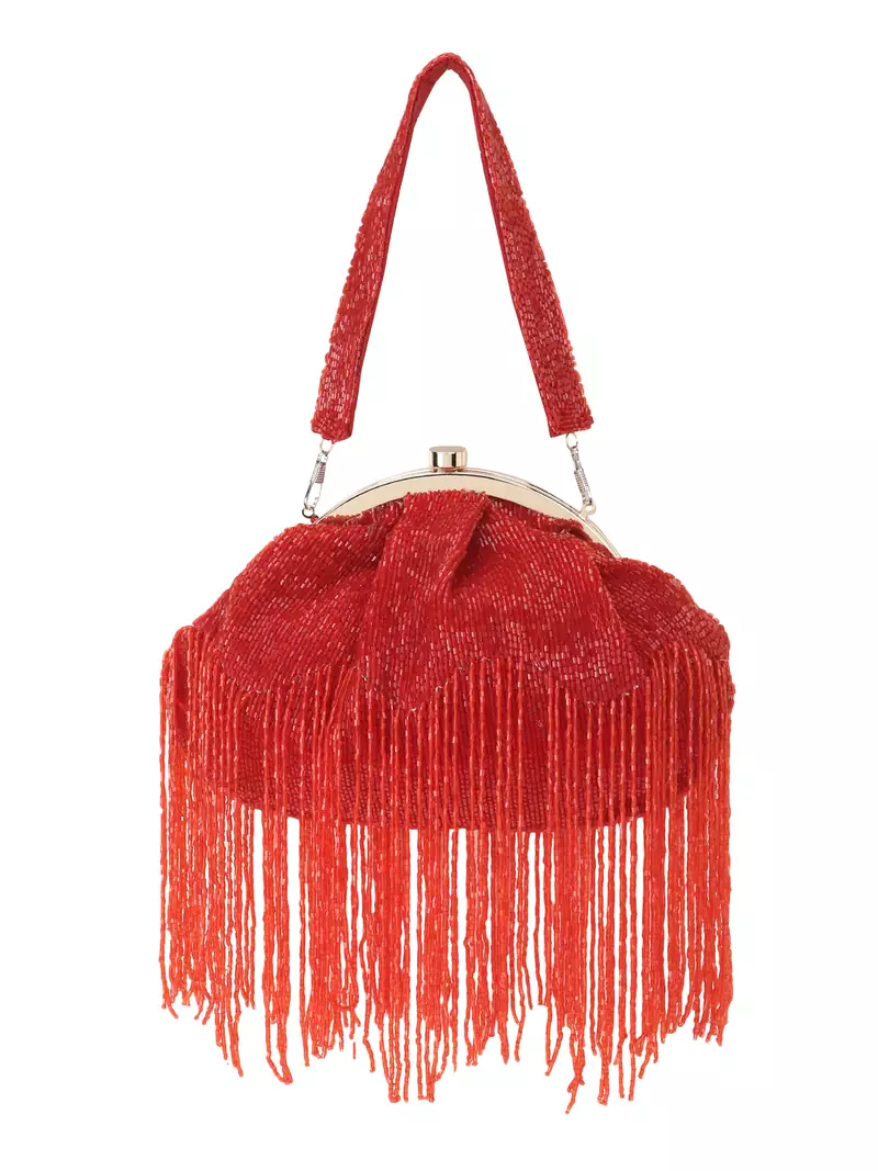 Anekaant Dangle Red Faux Silk Embellished Clutch