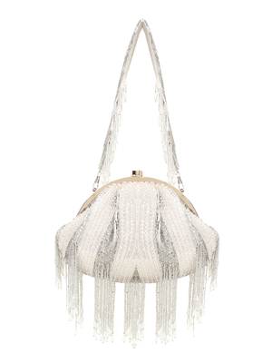 Anekaant Dangle White & Silver Faux Silk Striped & Embellished Clutch 1