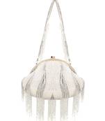 Anekaant Dangle White & Silver Faux Silk Striped & Embellished Clutch