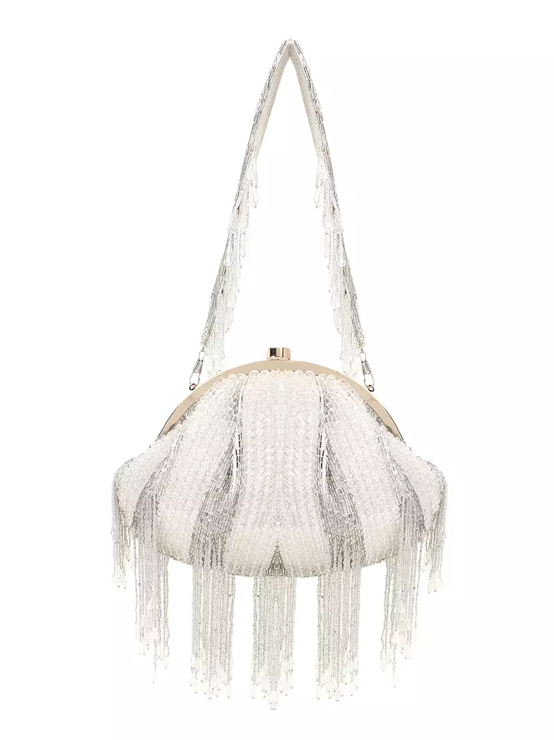 Anekaant Dangle White & Silver Faux Silk Striped & Embellished Clutch
