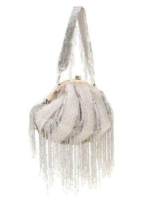 Anekaant Dangle White & Silver Faux Silk Striped & Embellished Clutch 2