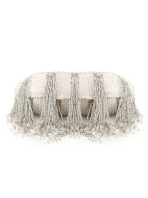 Anekaant Dangle White & Silver Faux Silk Striped & Embellished Clutch 5