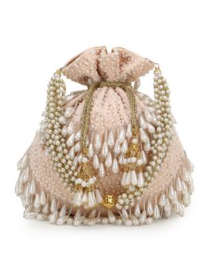 Dangle Peach & Off White Velvet Pearl Embellished potlibags 1
