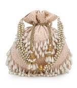 Dangle Peach & Off White Velvet Pearl Embellished potlibags