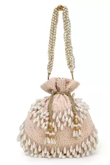 Dangle Peach & Off White Velvet Pearl Embellished potlibags