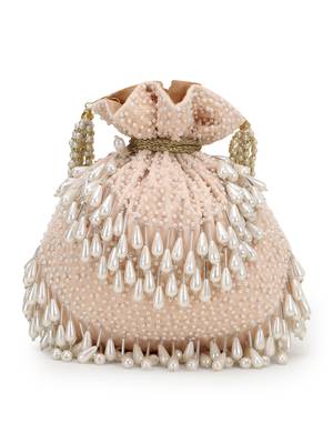 Dangle Peach & Off White Velvet Pearl Embellished potlibags 3