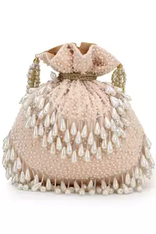 Dangle Peach & Off White Velvet Pearl Embellished potlibags