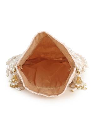 Dangle Peach & Off White Velvet Pearl Embellished potlibags 4