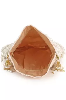 Dangle Peach & Off White Velvet Pearl Embellished potlibags