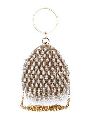 Anekaant Dangle Tan & Off White Velvet Pearl Embellished Clutch 1