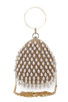 Anekaant Dangle Tan & Off White Velvet Pearl Embellished Clutch