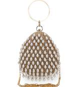 Anekaant Dangle Tan & Off White Velvet Pearl Embellished Clutch