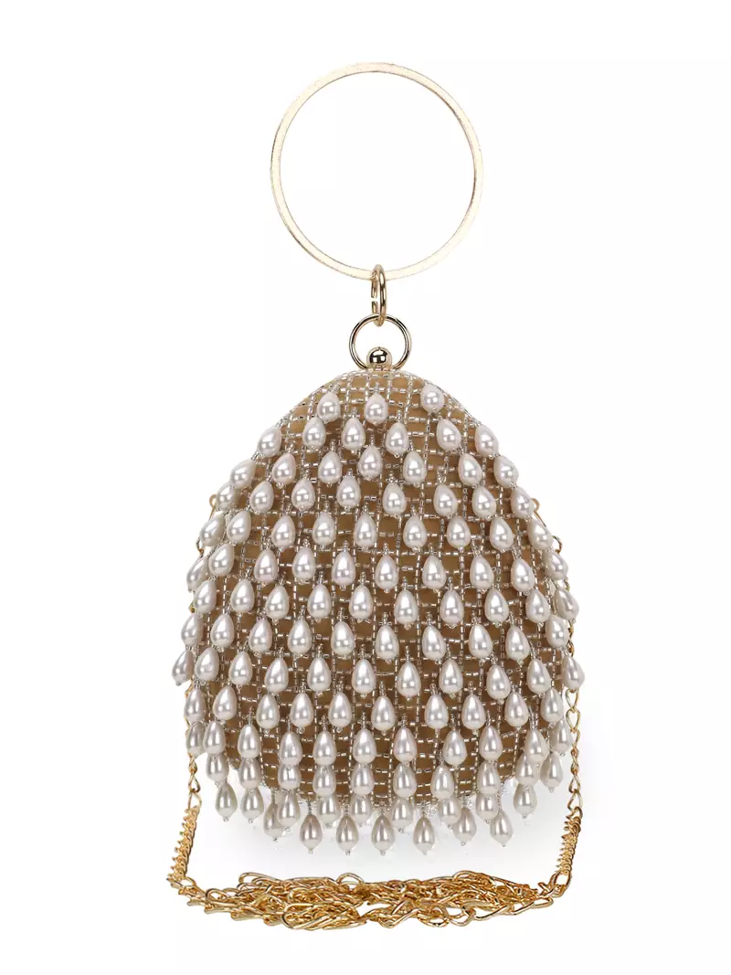 Anekaant Dangle Tan & Off White Velvet Pearl Embellished Clutch