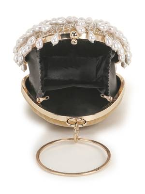 Anekaant Dangle Tan & Off White Velvet Pearl Embellished Clutch 4