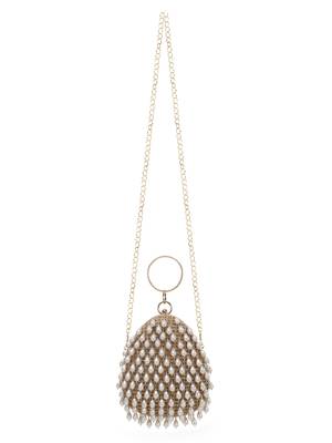 Anekaant Dangle Tan & Off White Velvet Pearl Embellished Clutch 5