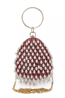 Anekaant Dangle Maroon & Off White Velvet Pearl Embellished Clutch
