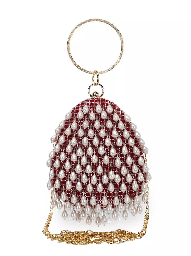 Anekaant Dangle Maroon & Off White Velvet Pearl Embellished Clutch