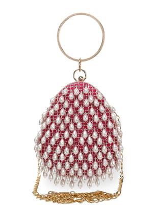 Anekaant Dangle Fuchsia & Off White Satin Pearl Embellished Clutch 1