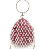 Anekaant Dangle Fuchsia & Off White Satin Pearl Embellished Clutch