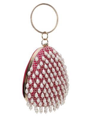 Anekaant Dangle Fuchsia & Off White Satin Pearl Embellished Clutch 2