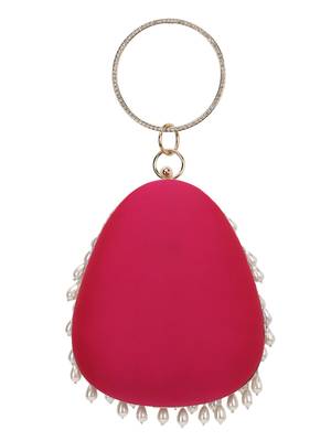 Anekaant Dangle Fuchsia & Off White Satin Pearl Embellished Clutch 3