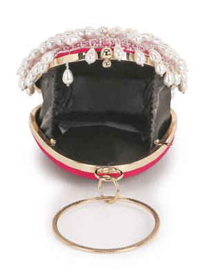 Anekaant Dangle Fuchsia & Off White Satin Pearl Embellished Clutch 4