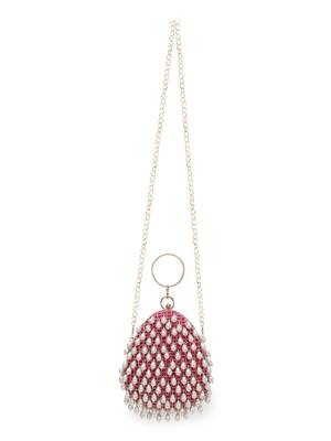 Anekaant Dangle Fuchsia & Off White Satin Pearl Embellished Clutch 5