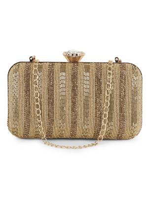 Anekaant Adorn Gold Faux Silk Striped & Embellished Clutch 1