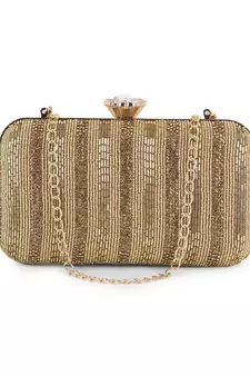 Anekaant Adorn Gold Faux Silk Striped & Embellished Clutch