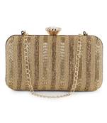 Anekaant Adorn Gold Faux Silk Striped & Embellished Clutch
