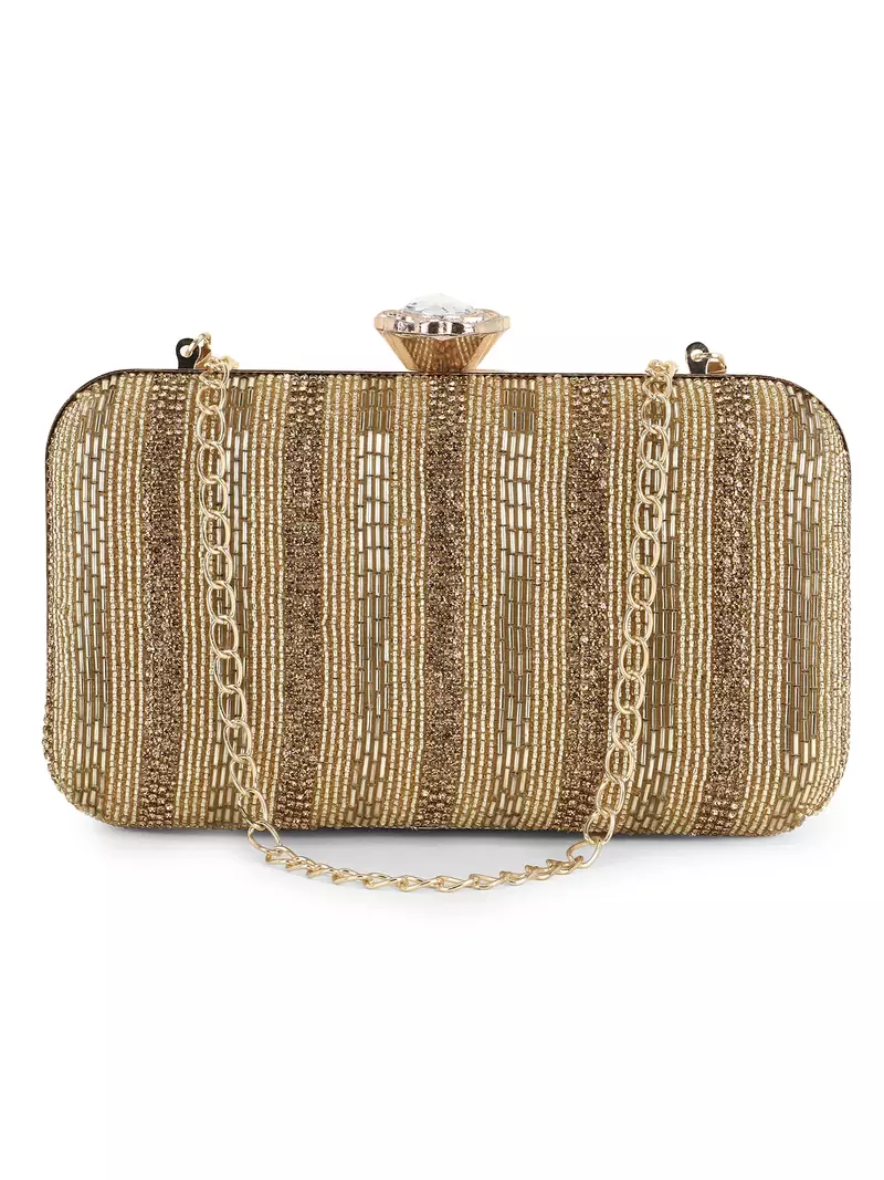 Anekaant Adorn Gold Faux Silk Striped & Embellished Clutch