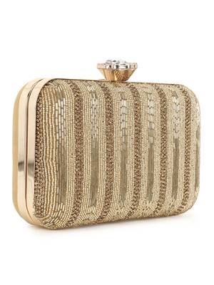 Anekaant Adorn Gold Faux Silk Striped & Embellished Clutch 2