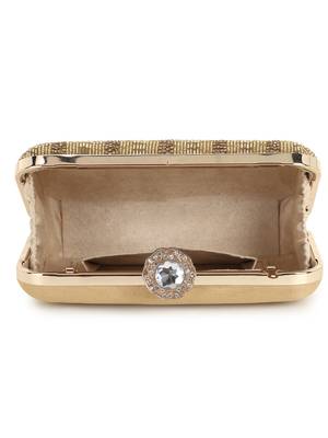 Anekaant Adorn Gold Faux Silk Striped & Embellished Clutch 4