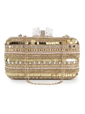 Anekaant Adorn Beige & Gold Faux Silk Striped & Embellished Clutch 1