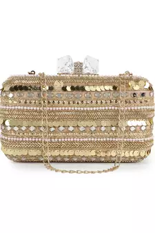 Anekaant Adorn Beige & Gold Faux Silk Striped & Embellished Clutch