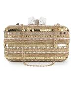 Anekaant Adorn Beige & Gold Faux Silk Striped & Embellished Clutch