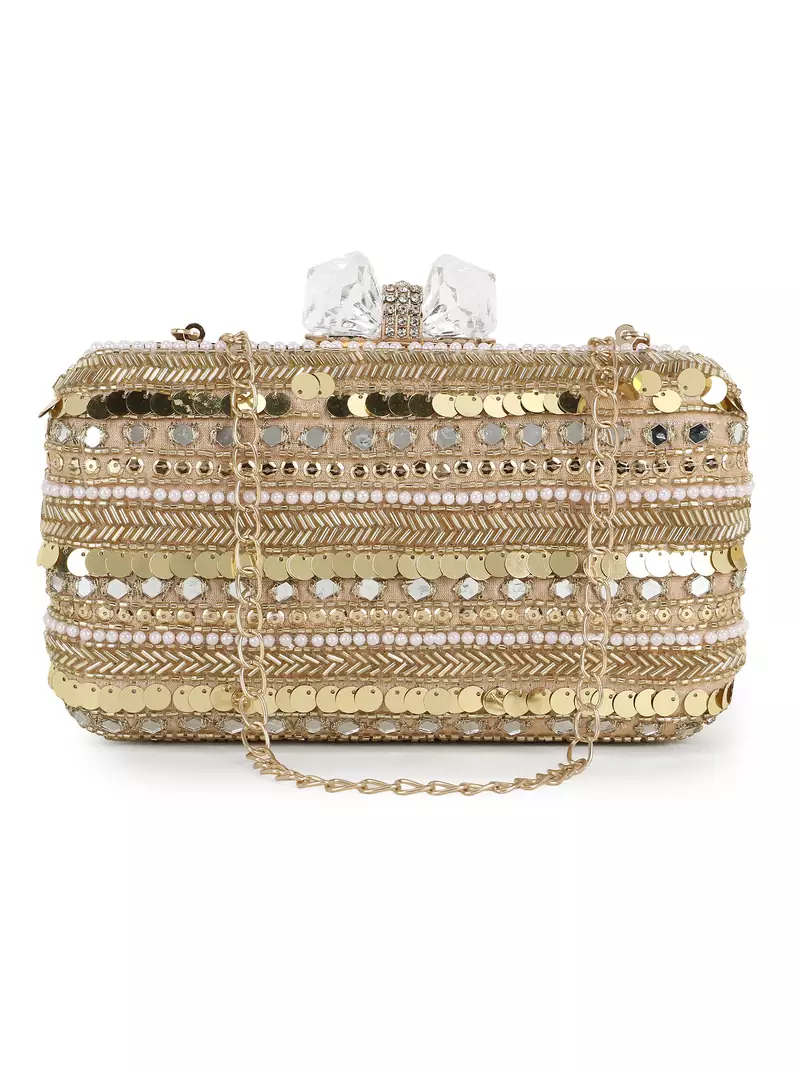 Anekaant Adorn Beige & Gold Faux Silk Striped & Embellished Clutch