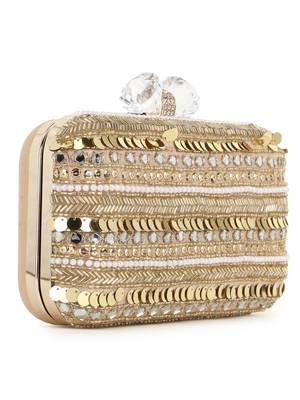 Anekaant Adorn Beige & Gold Faux Silk Striped & Embellished Clutch 2
