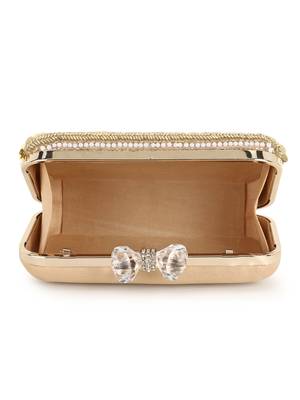 Anekaant Adorn Beige & Gold Faux Silk Striped & Embellished Clutch 4