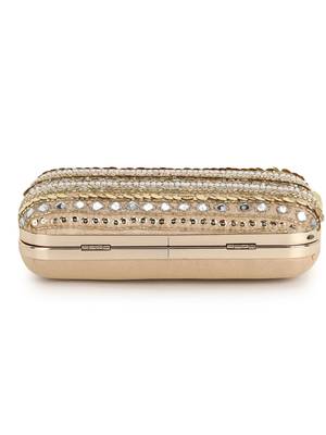 Anekaant Adorn Beige & Gold Faux Silk Striped & Embellished Clutch 5
