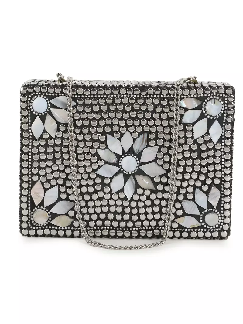 Anekaant Mosaic Silver & White Metal Floral Mosaic Clutch