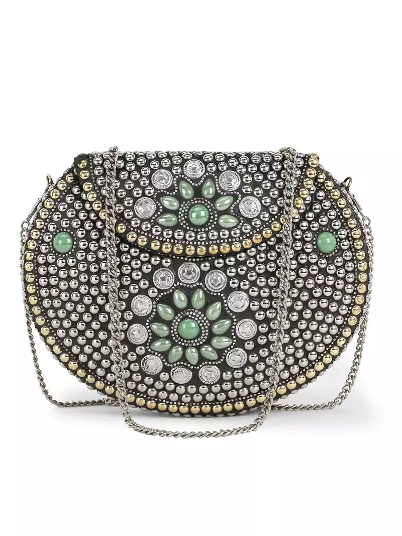 Anekaant Mosaic Silver & Oilve Metal Floral Mosaic Clutch