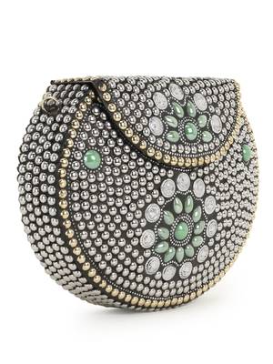 Anekaant Mosaic Silver & Oilve Metal Floral Mosaic Clutch 2